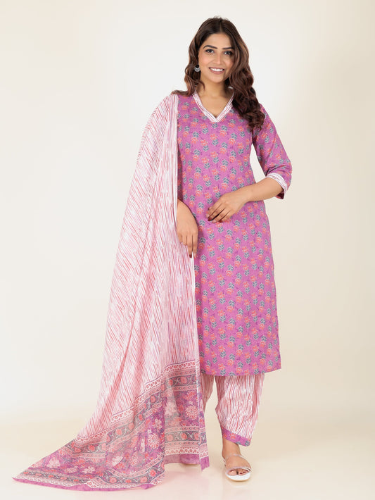 Soft Cotton Floral Straight Purple Kurta