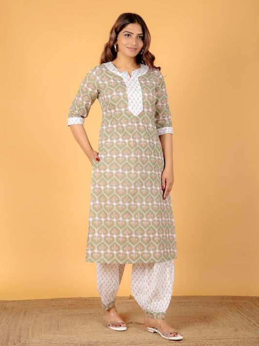 Soft Cotton Abstract Straight Green Kurta