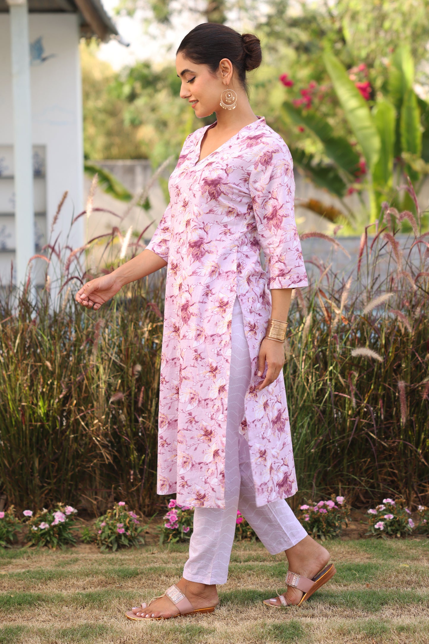 Soft Cotton Gold foil Straight Purple Kurta