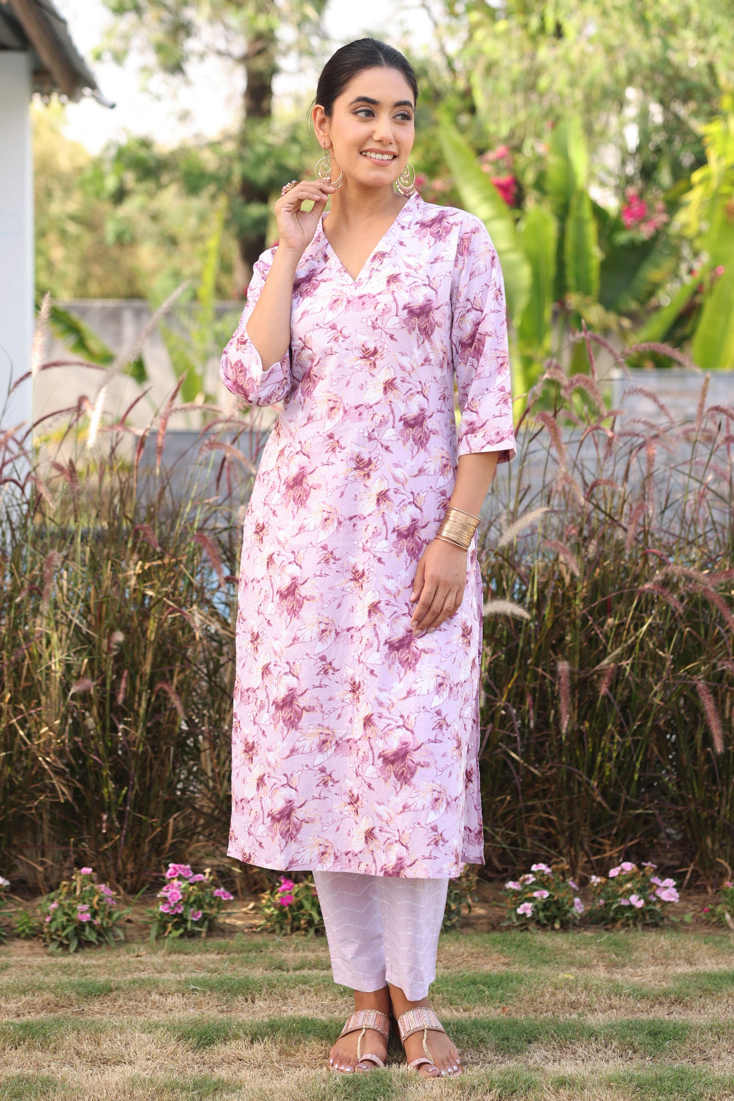 Soft Cotton Gold foil Straight Purple Kurta