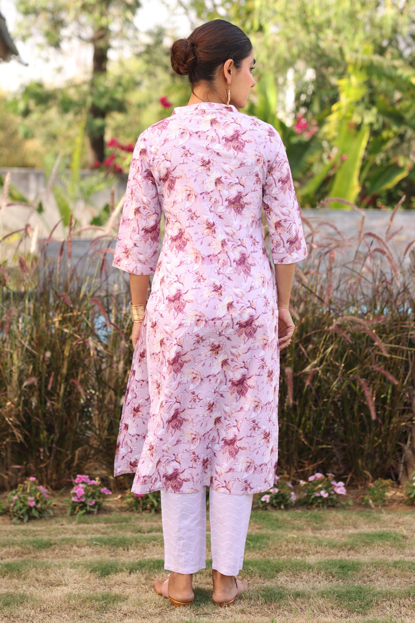 Soft Cotton Gold foil Straight Purple Kurta