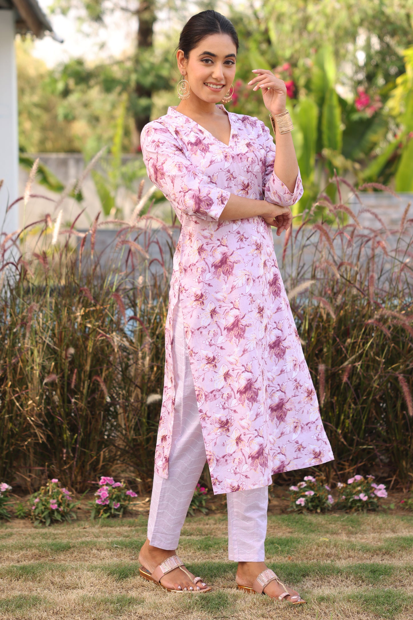 Soft Cotton Gold foil Straight Purple Kurta