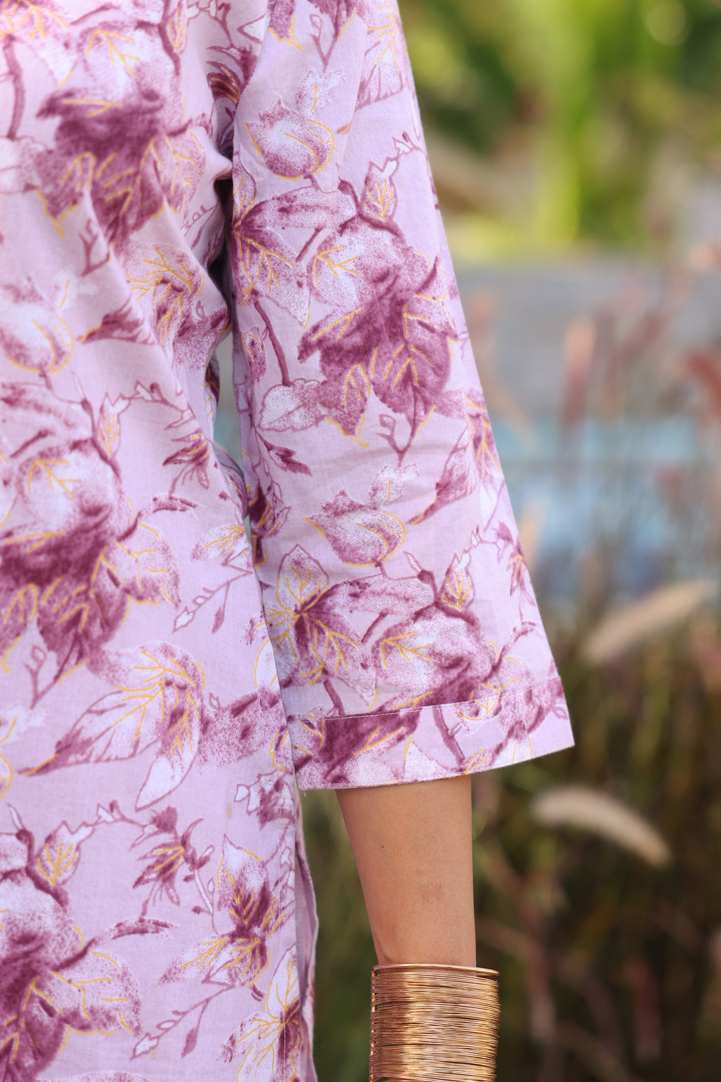 Soft Cotton Gold foil Straight Purple Kurta
