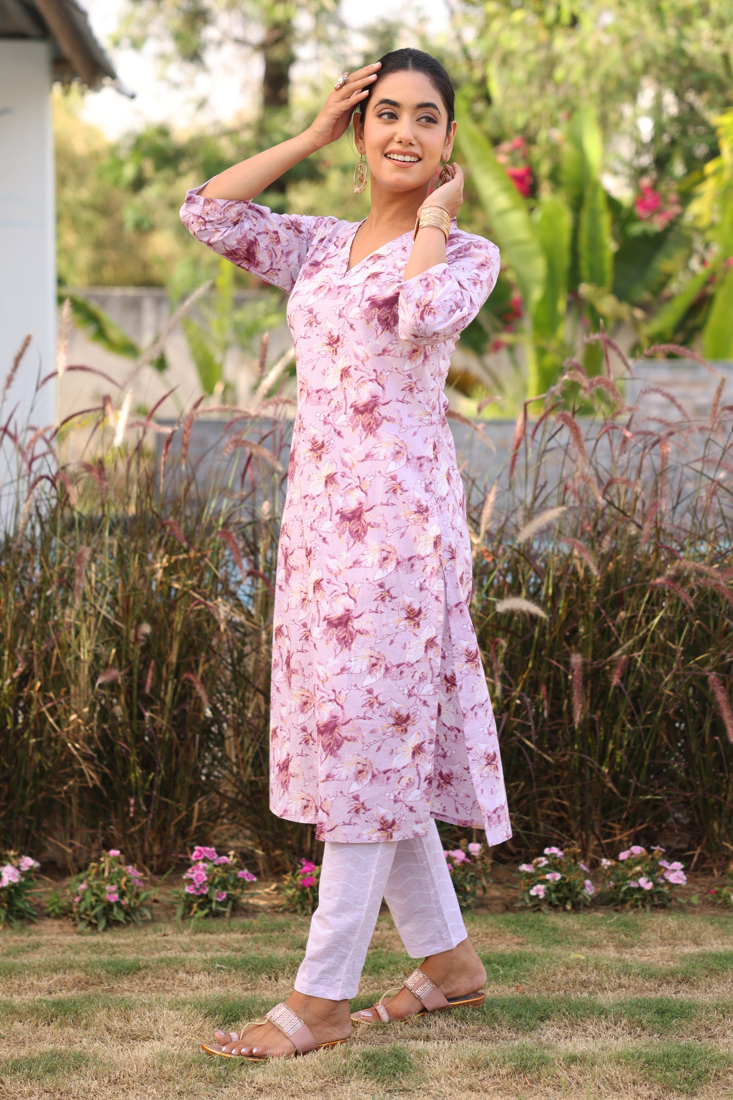 Soft Cotton Gold foil Straight Purple Kurta