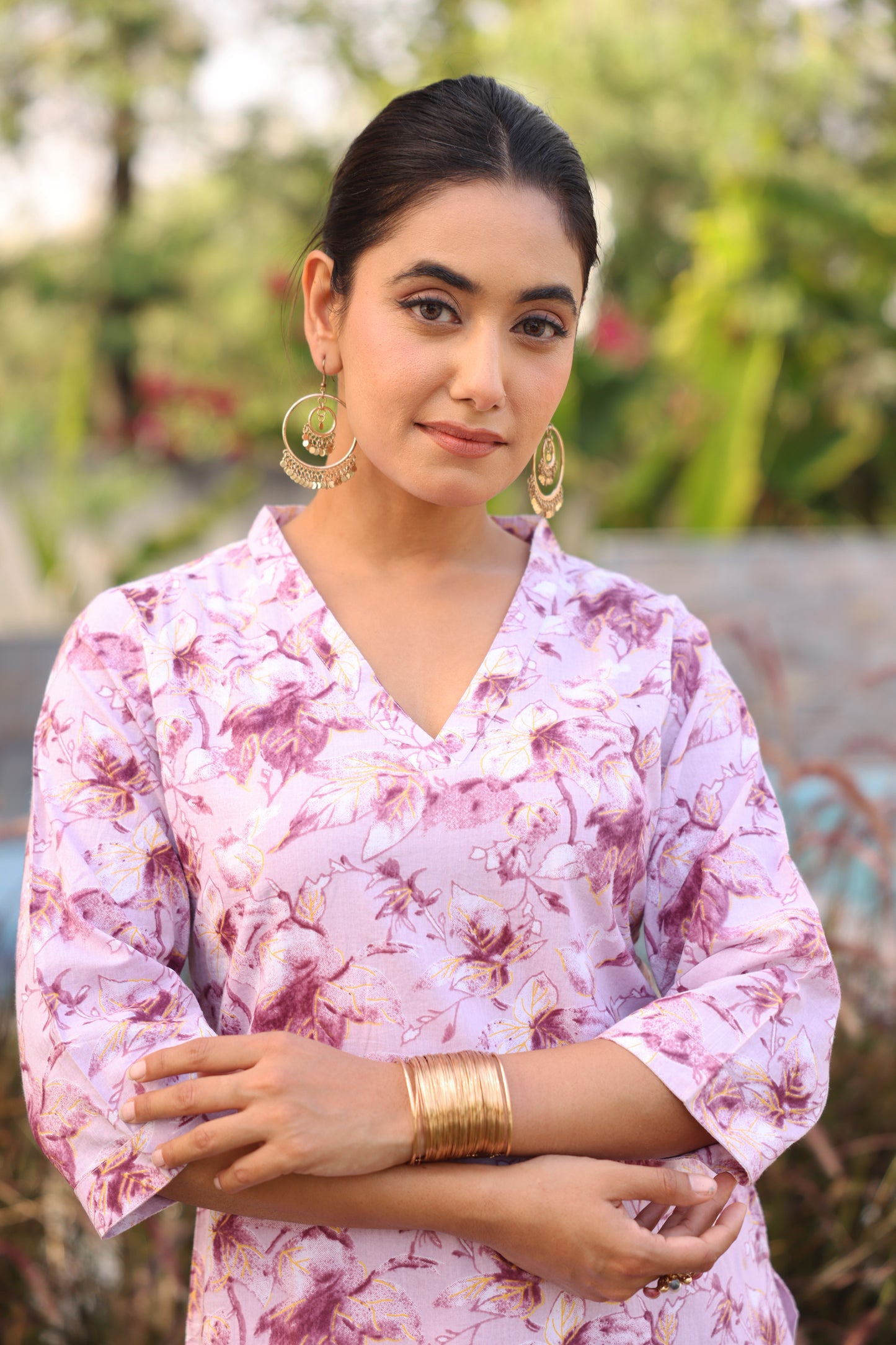 Soft Cotton Gold foil Straight Purple Kurta