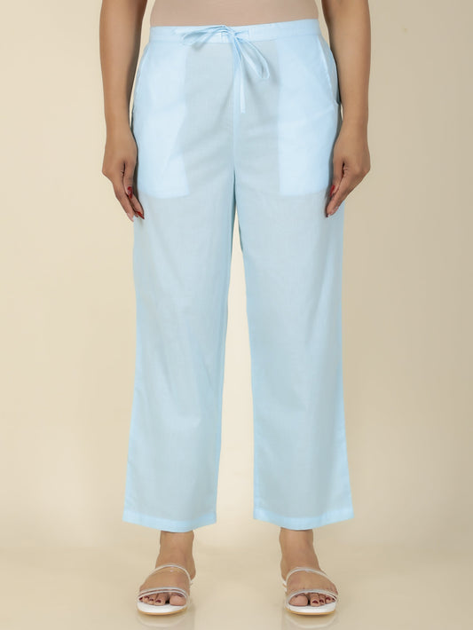 Soft Cotton Solid Blue Straight Trousers