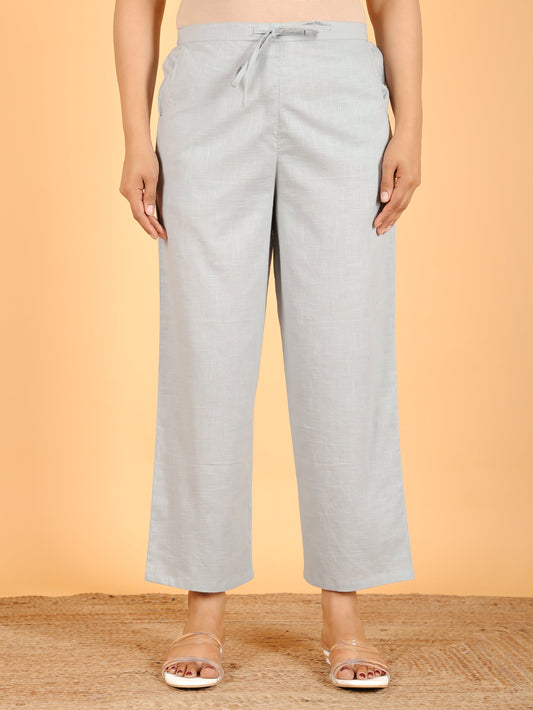 Natural Cotton Solid Grey Straight Trousers