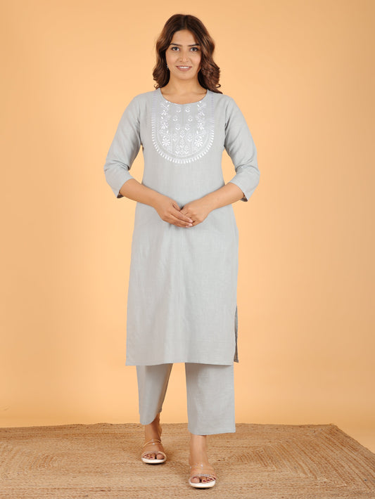 Natural Cotton Solid Straight Grey Kurta