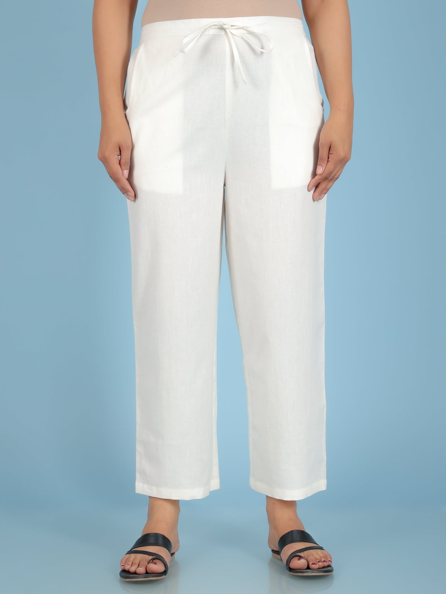 Linen Cotton Solid Off White Straight Trousers