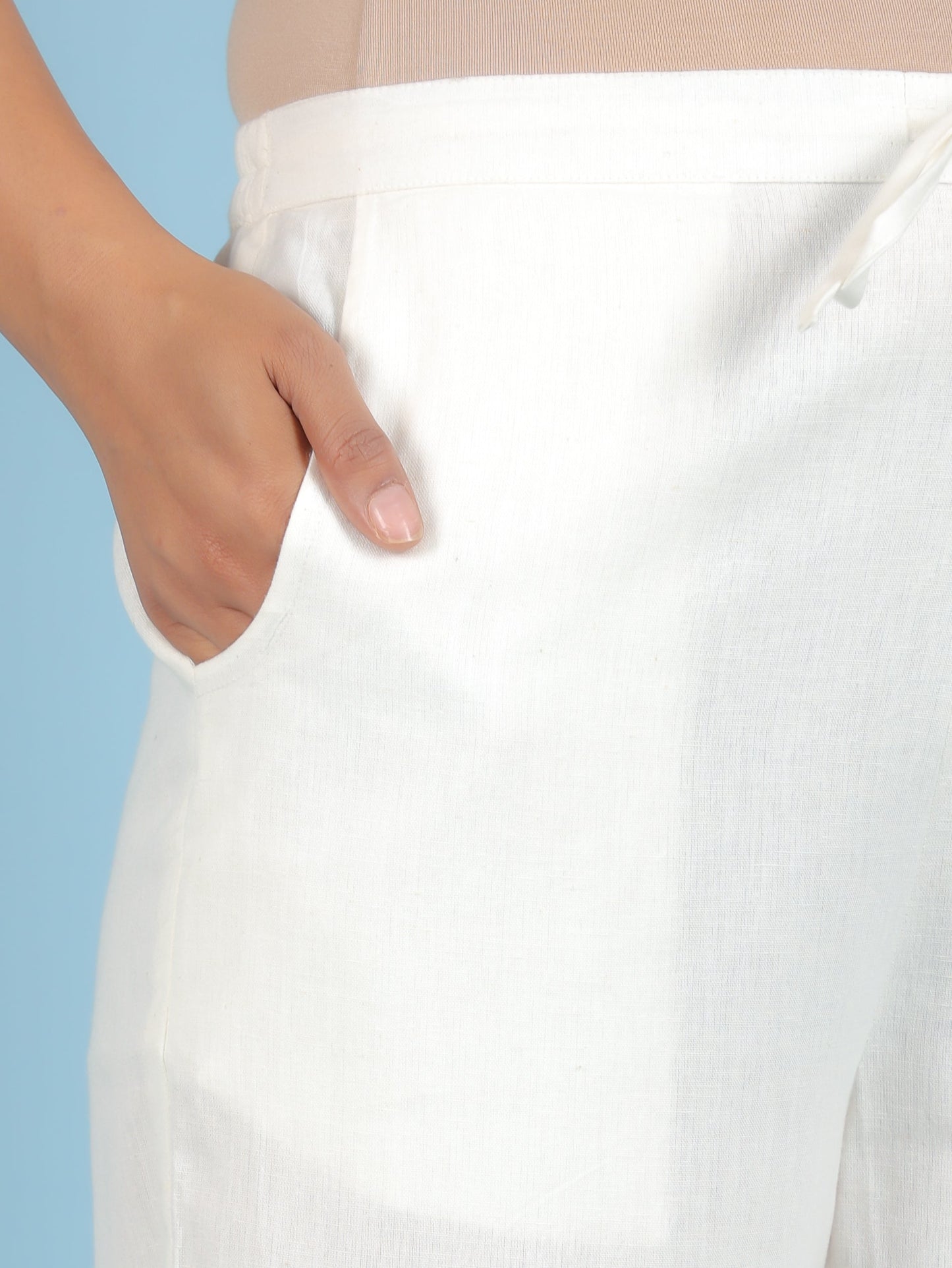 Linen Cotton Solid Off White Straight Trousers