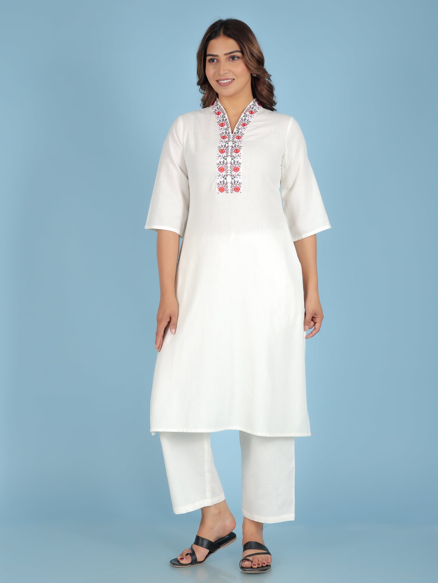 Embroidered Linen Cotton Solid Straight Off White Kurta