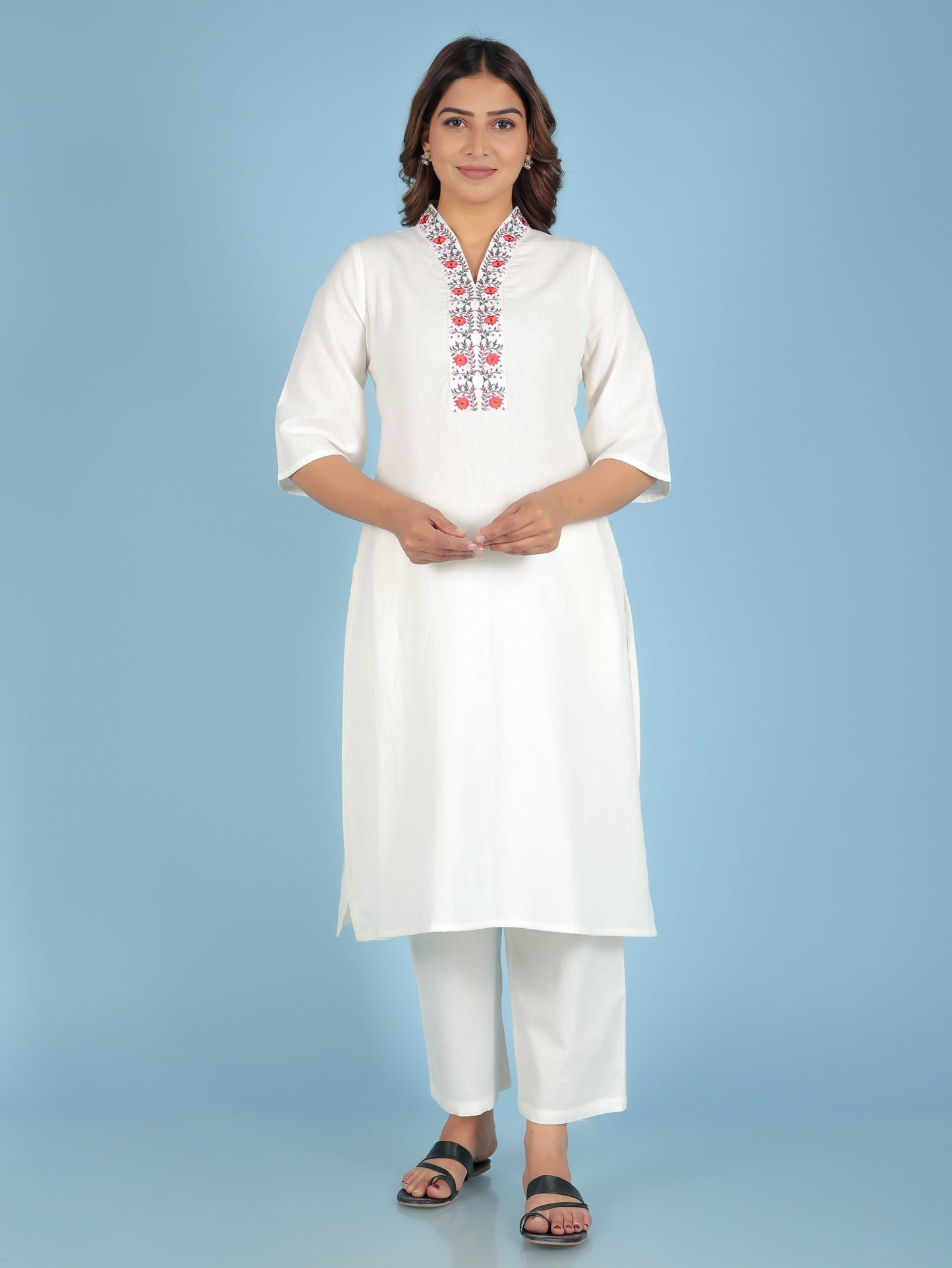 Embroidered Linen Cotton Solid Straight Off White Kurta