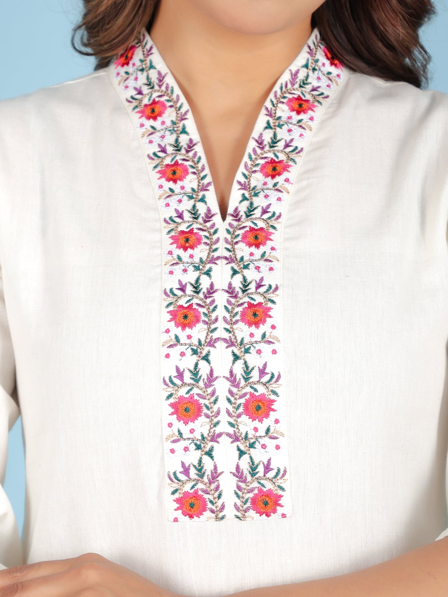 Embroidered Linen Cotton Solid Straight Off White Kurta