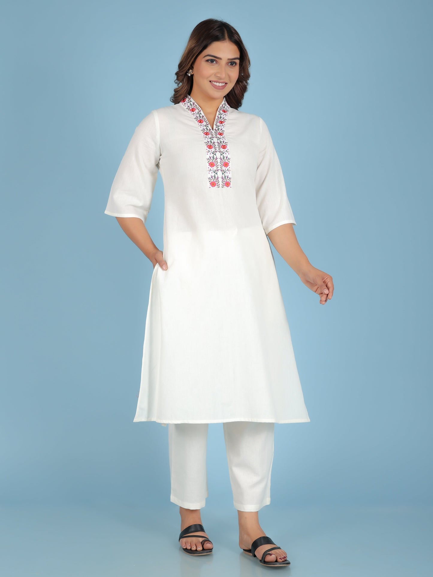 Embroidered Linen Cotton Solid Straight Off White Kurta