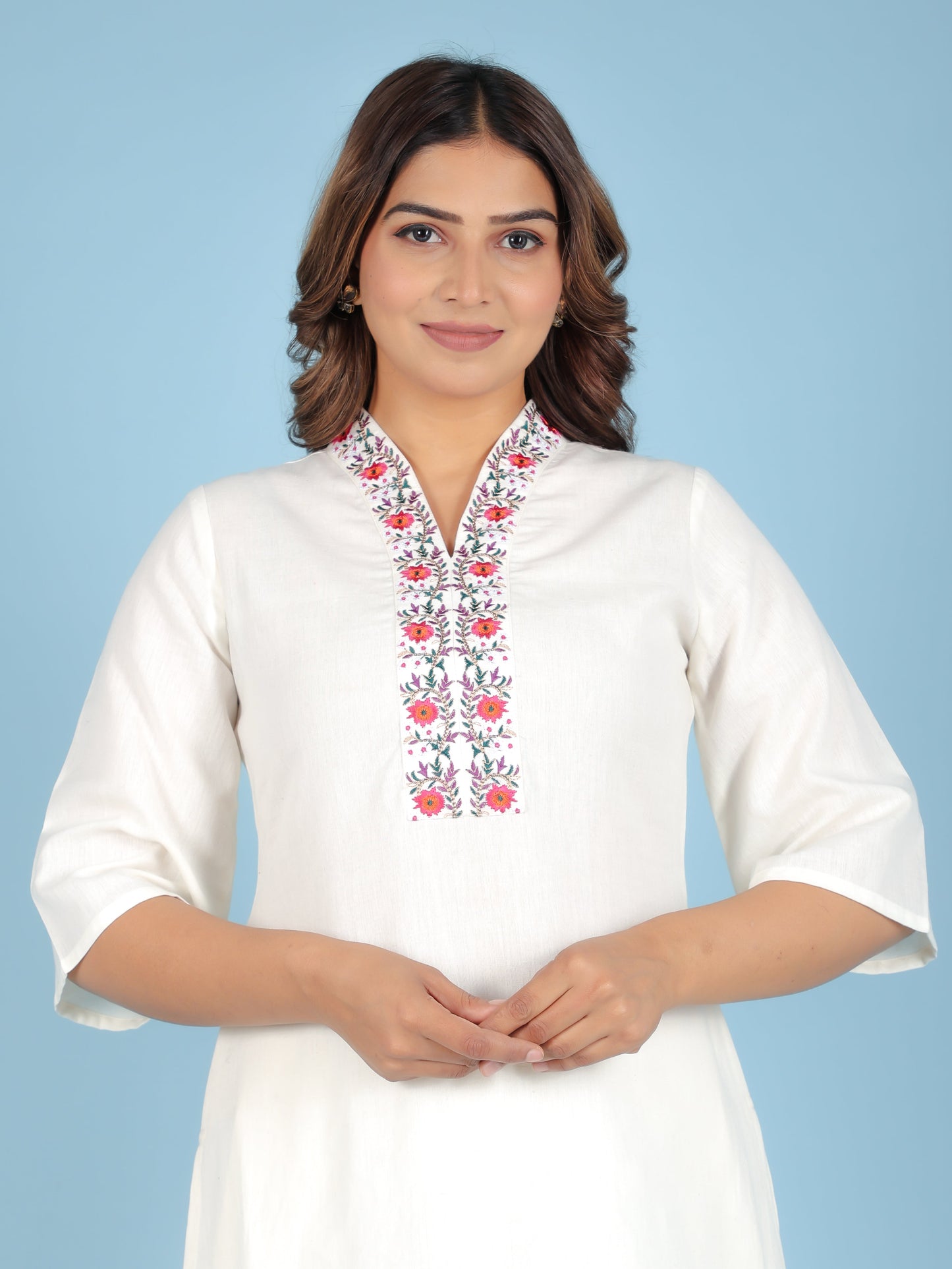 Embroidered Linen Cotton Solid Straight Off White Kurta