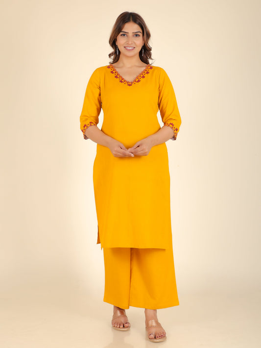 Linen Cotton Solid Straight Yellow Kurta