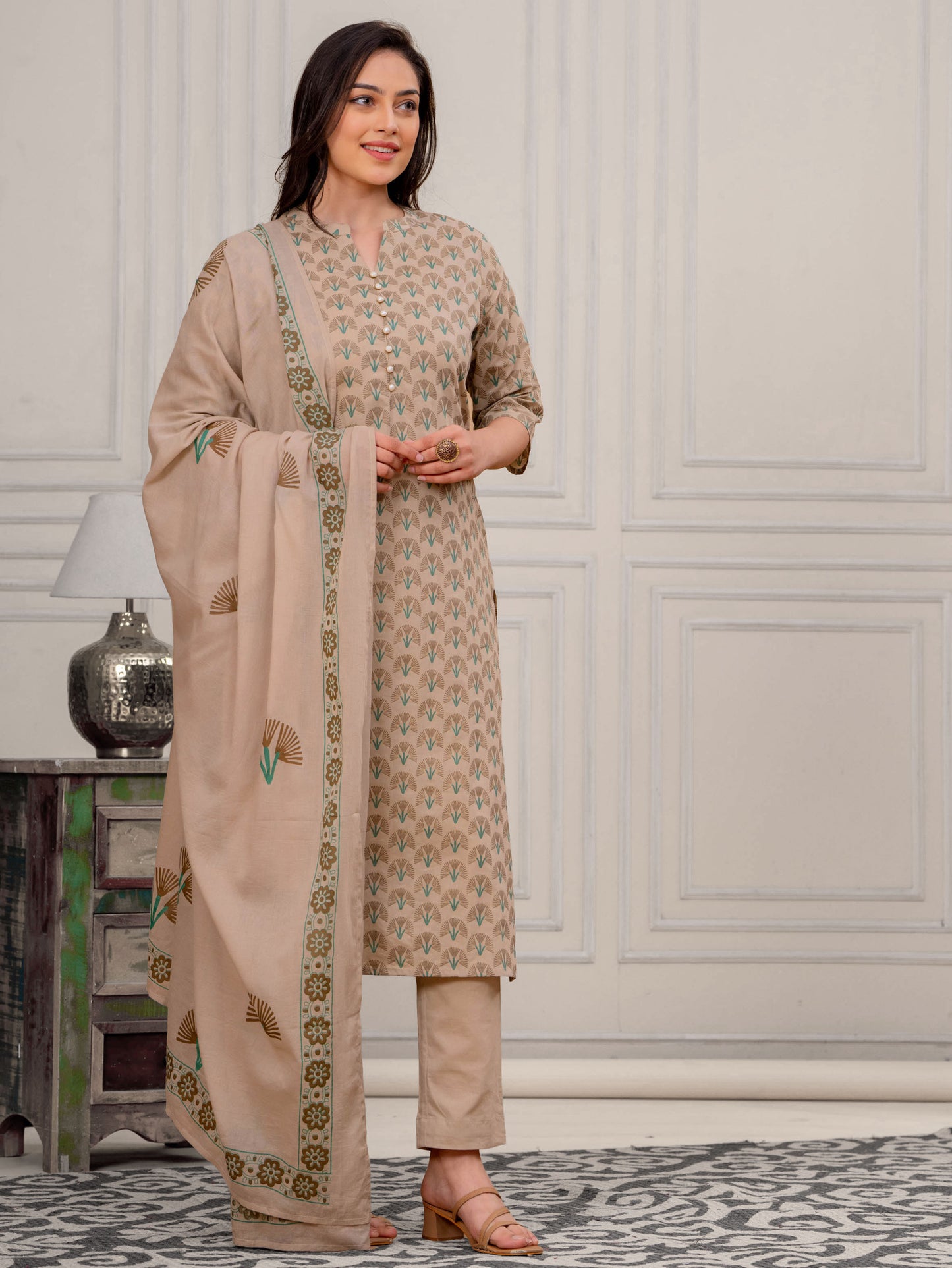Soft Cotton Floral Straight Beige Kurta