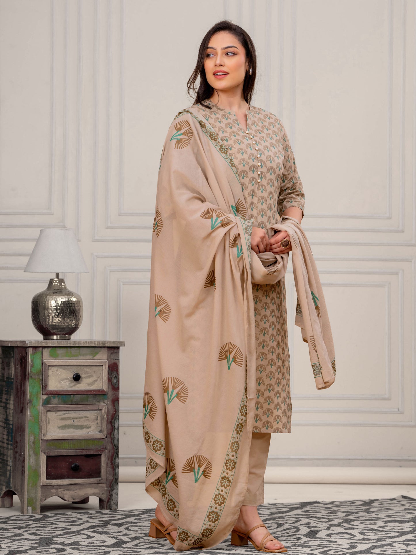 Soft Cotton Floral Straight Beige Kurta