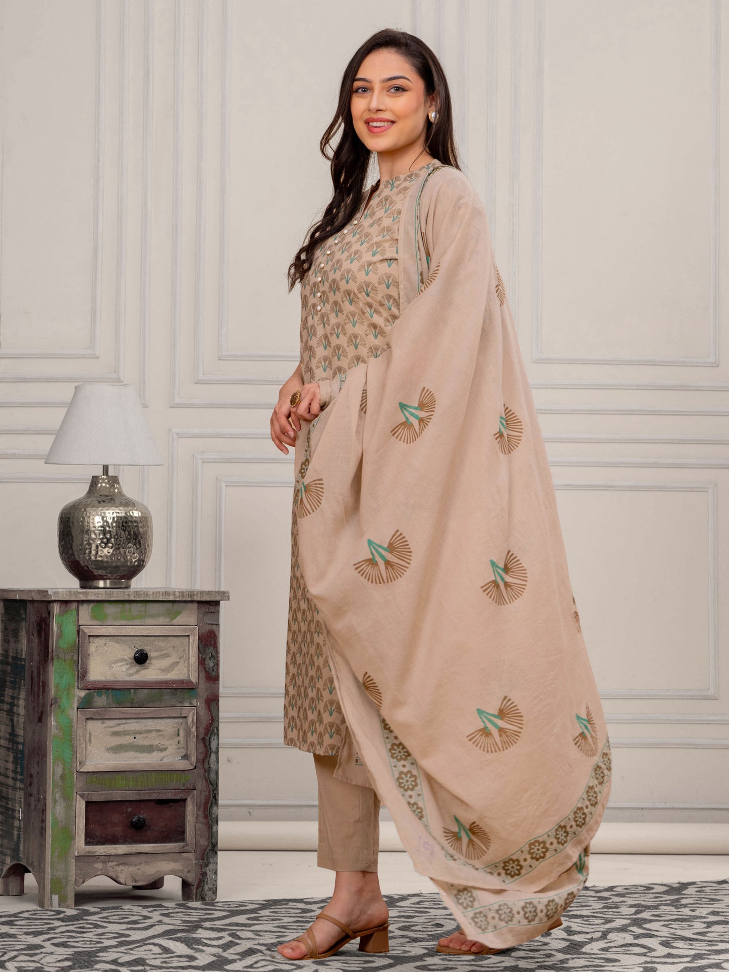 Soft Cotton Floral Straight Beige Kurta