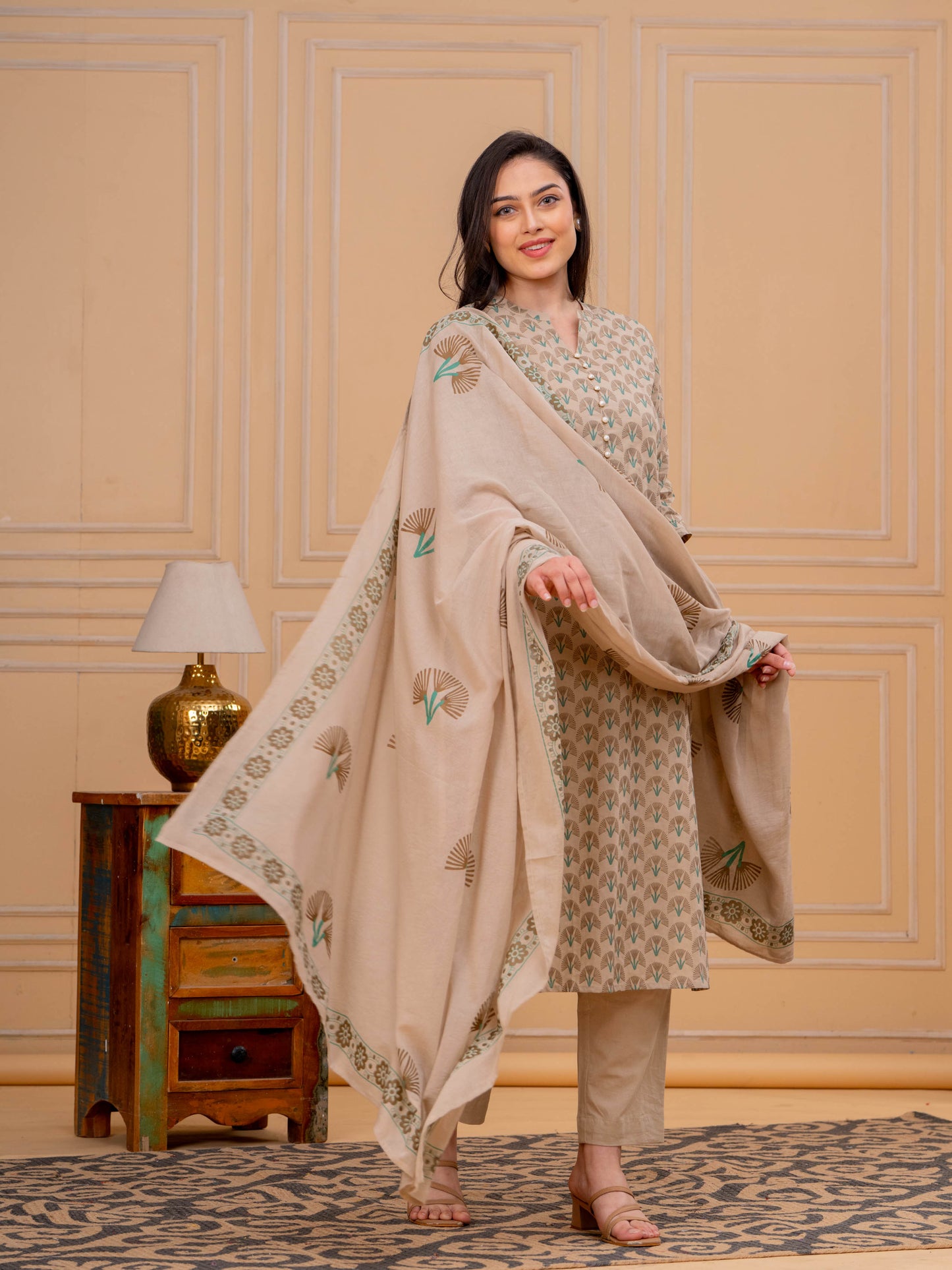 Soft Cotton Floral Straight Beige Kurta