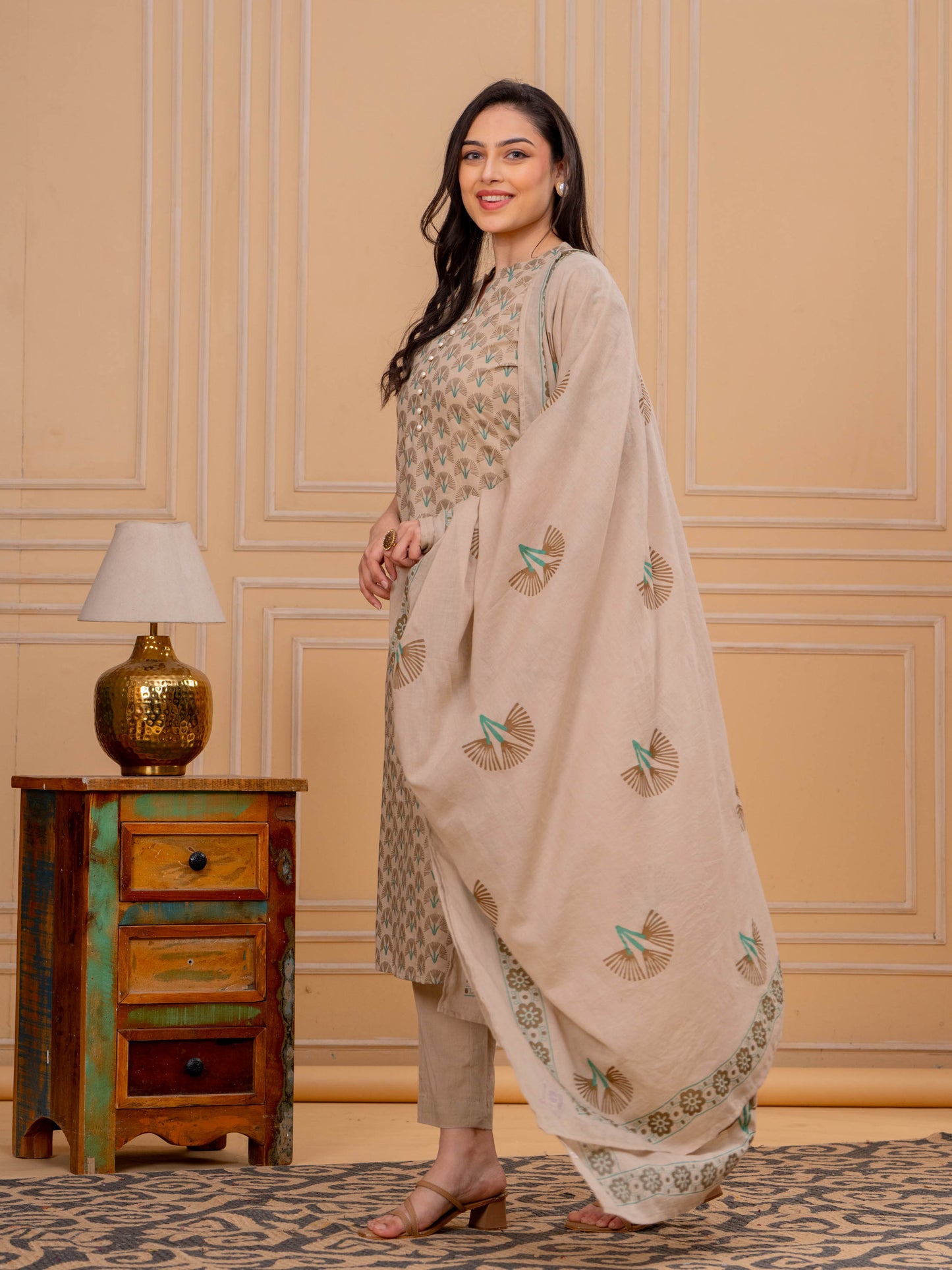 Soft Cotton Floral Straight Beige Kurta