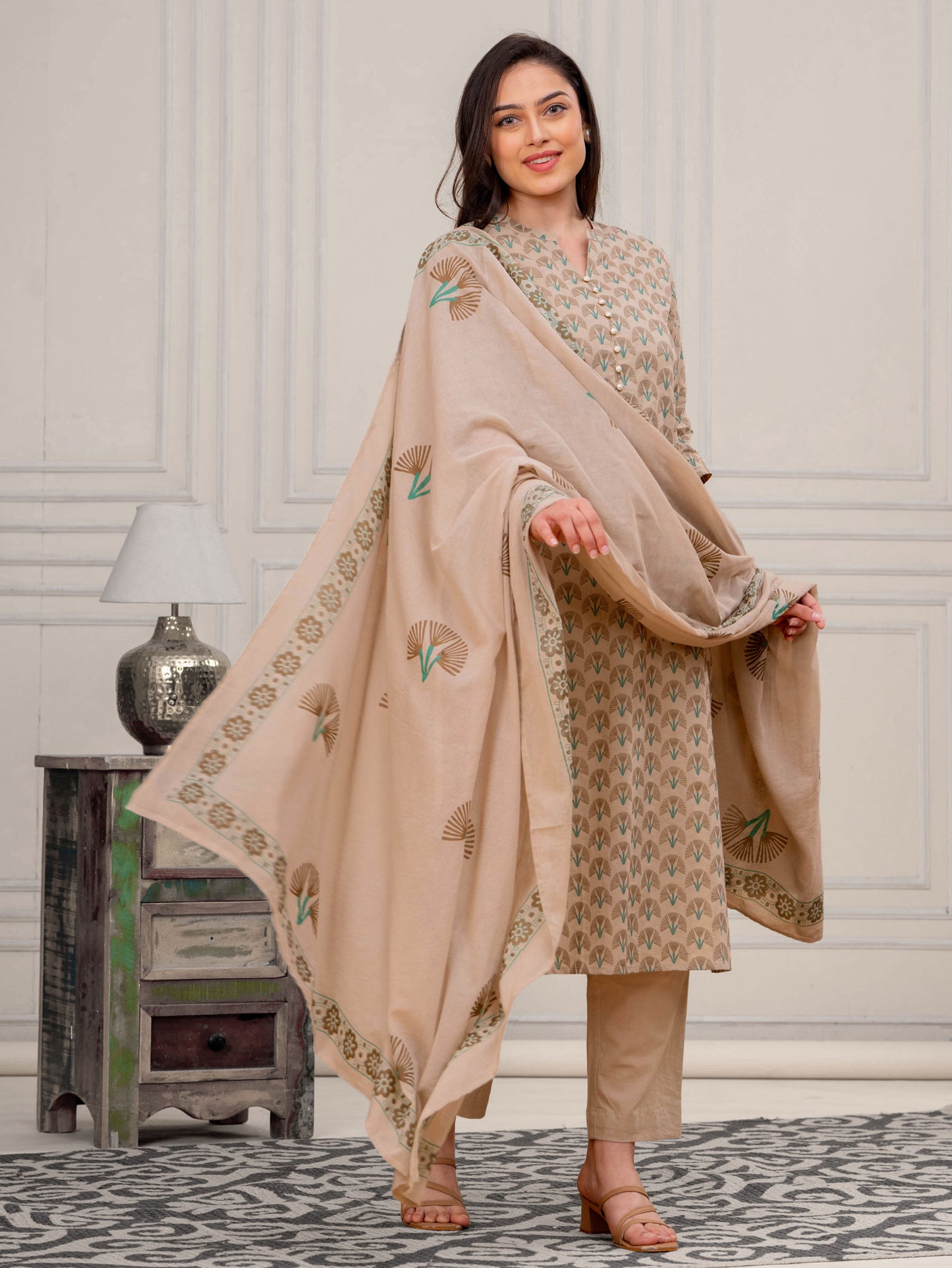 Soft Cotton Floral Straight Beige Kurta