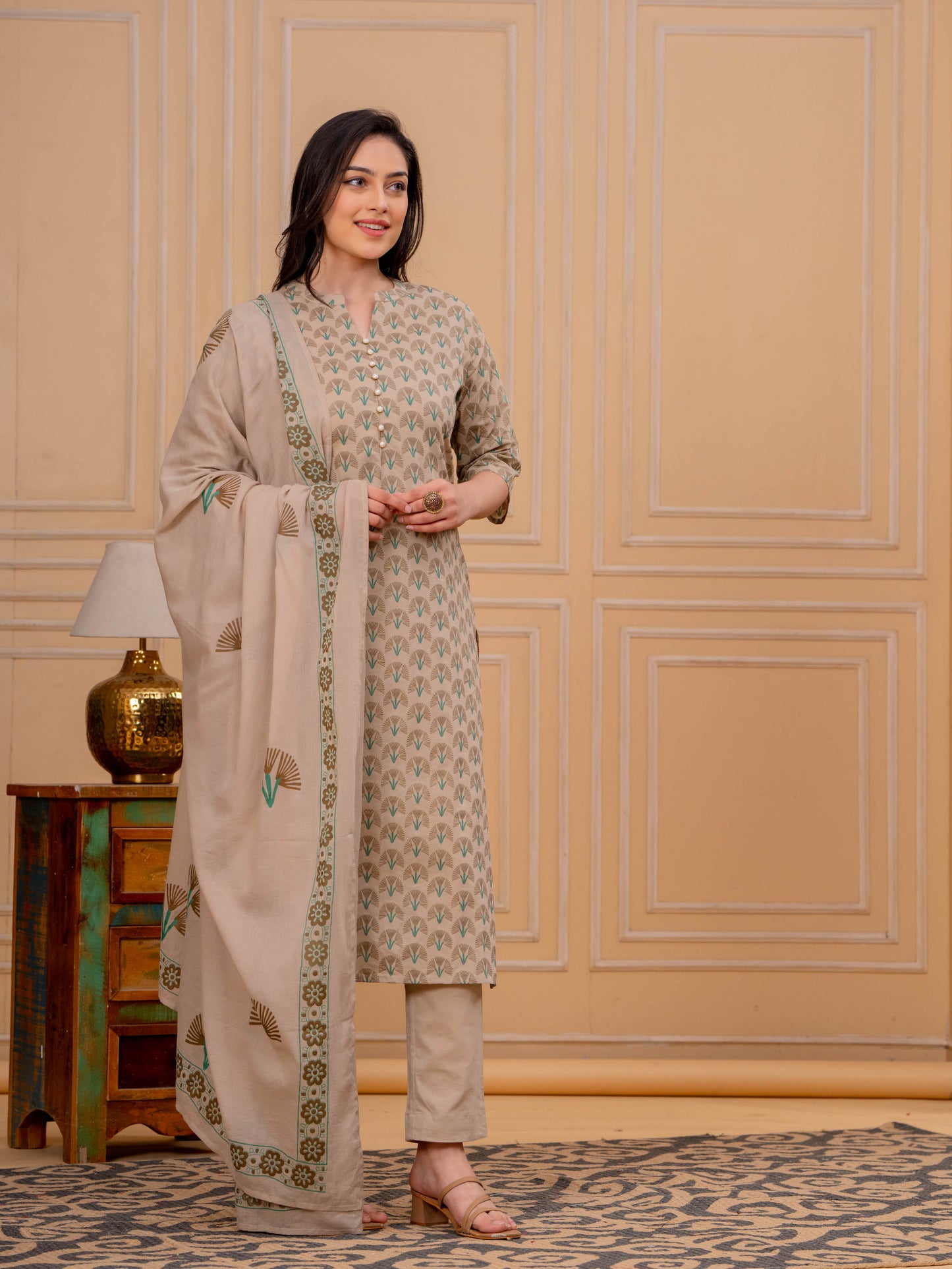 Soft Cotton Floral Straight Beige Kurta