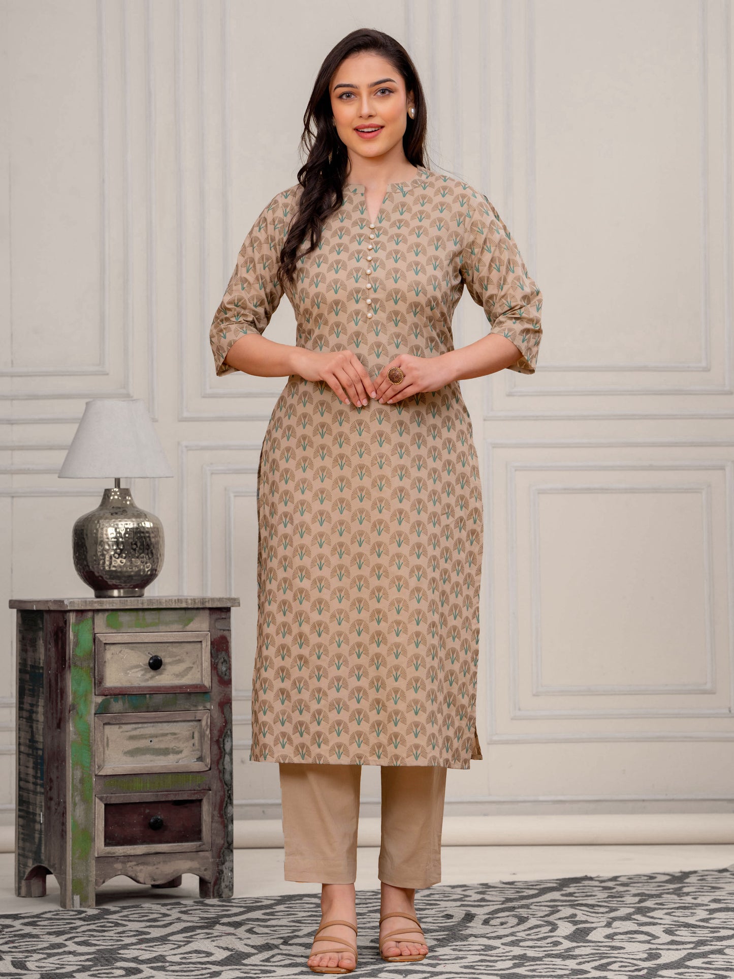 Soft Cotton Floral Straight Beige Kurta