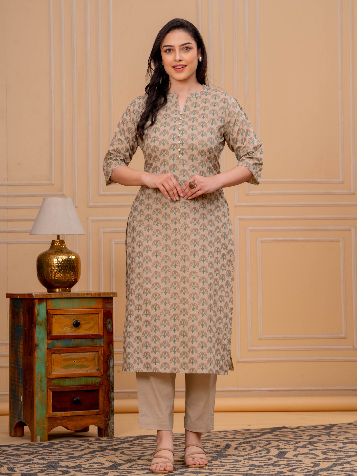 Soft Cotton Floral Straight Beige Kurta