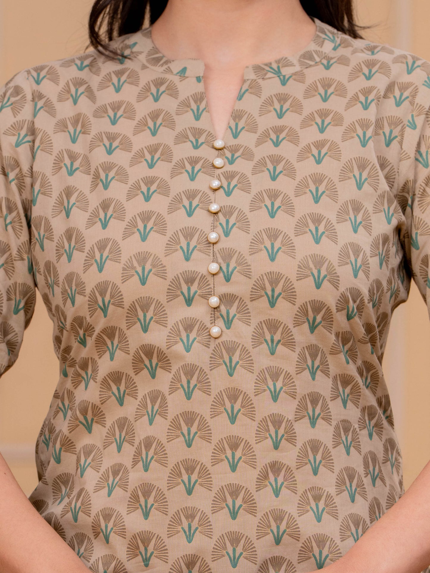 Soft Cotton Floral Straight Beige Kurta