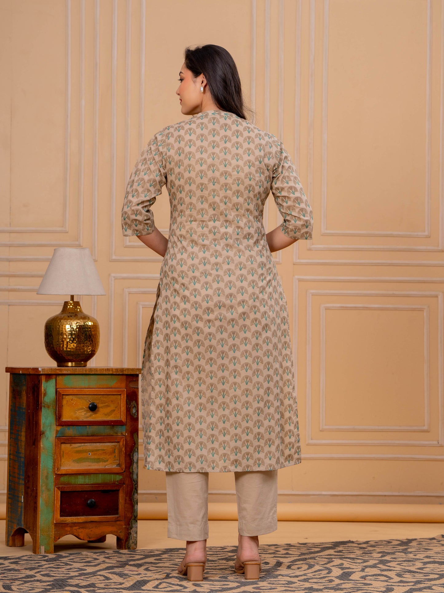 Soft Cotton Floral Straight Beige Kurta