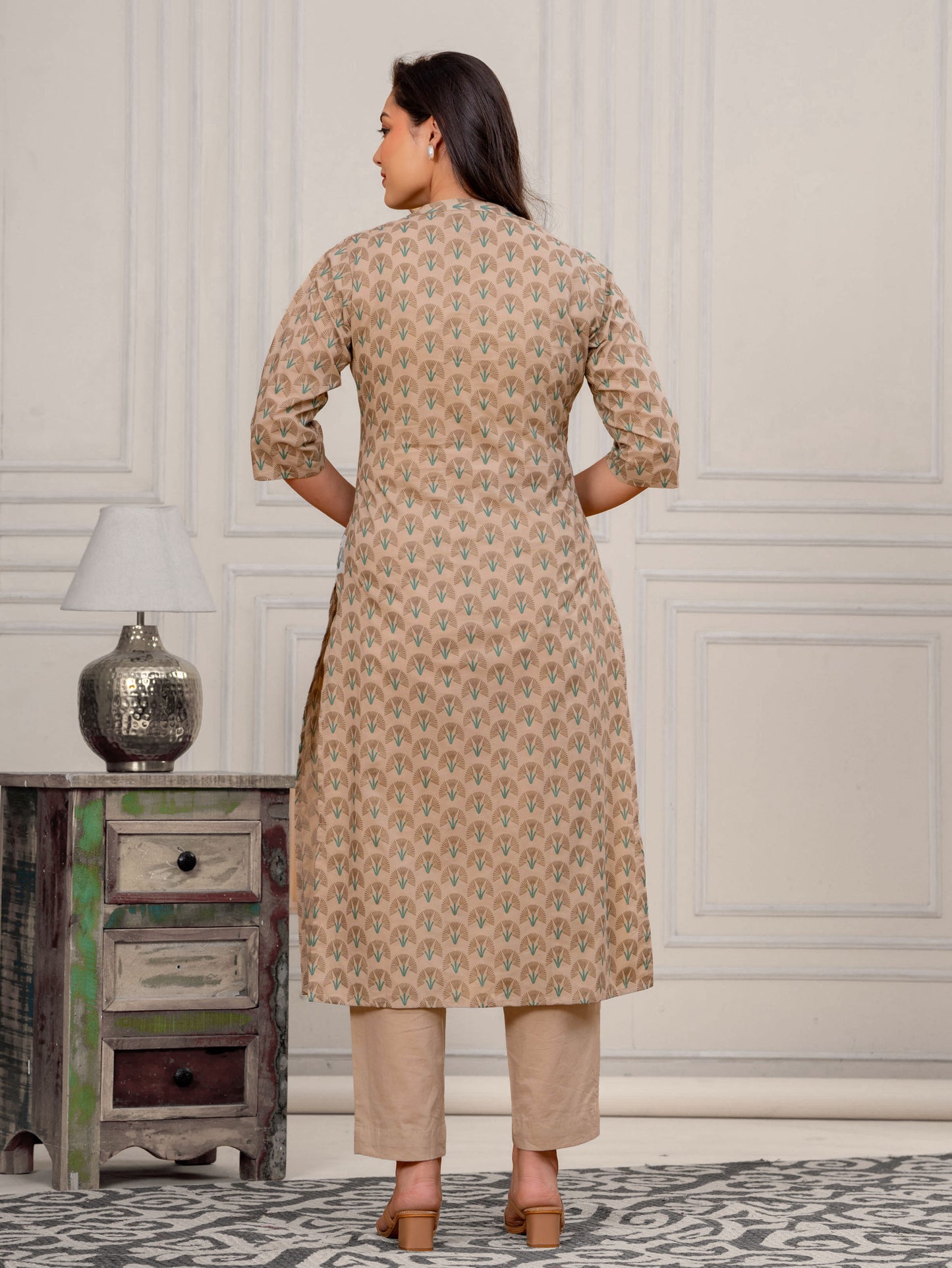 Soft Cotton Floral Straight Beige Kurta