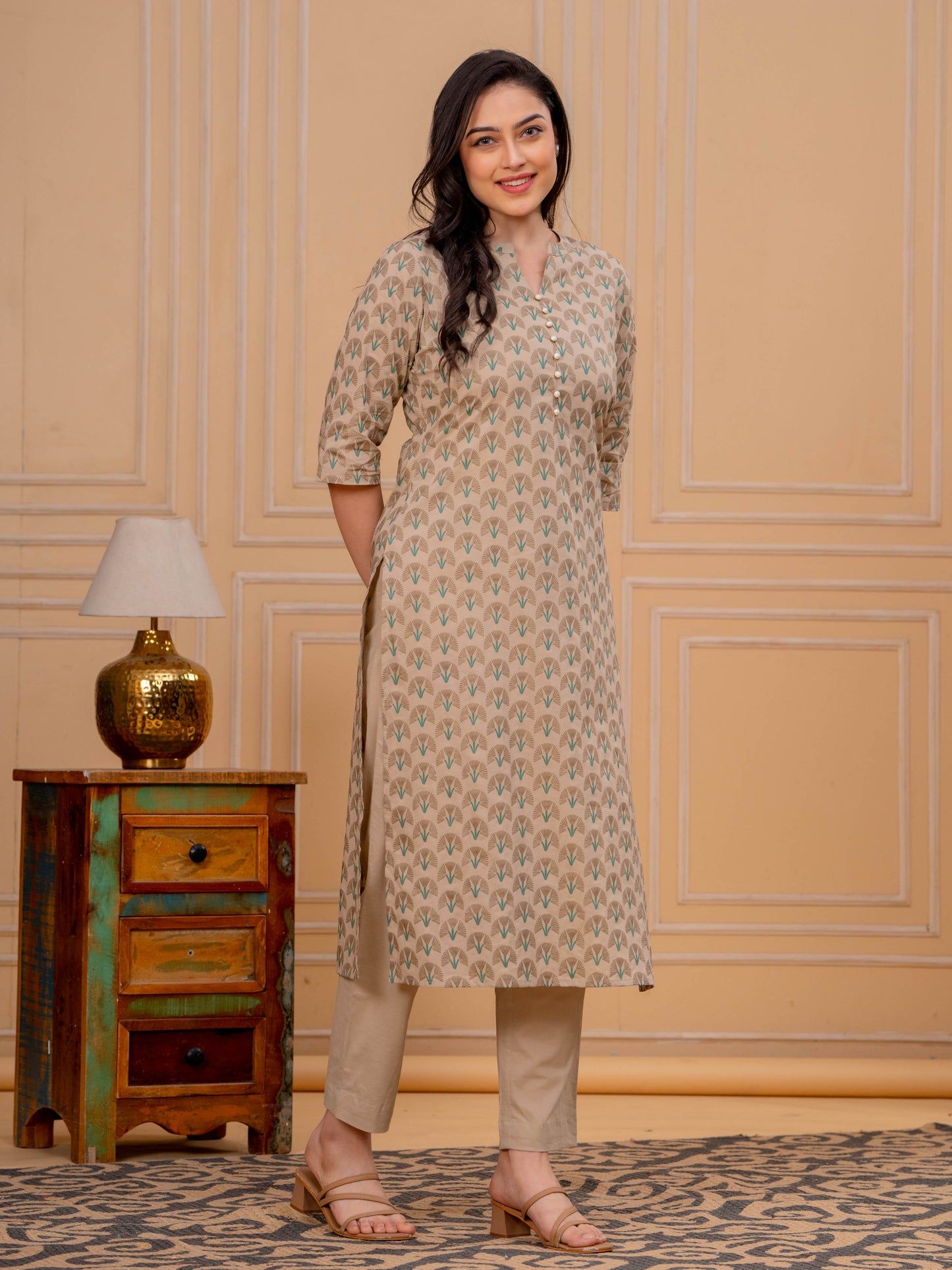 Soft Cotton Floral Straight Beige Kurta