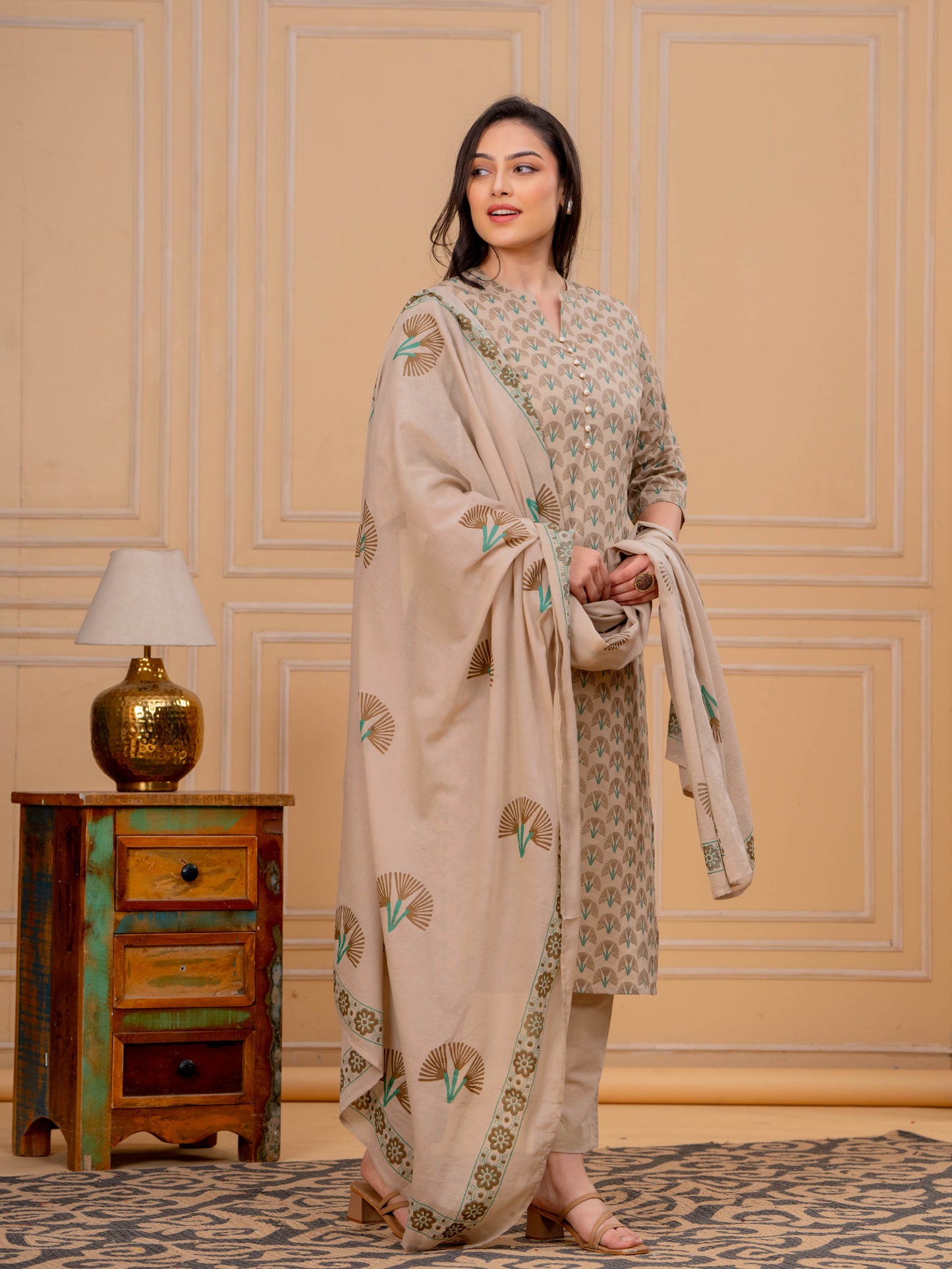 Soft Cotton Floral Straight Beige Kurta