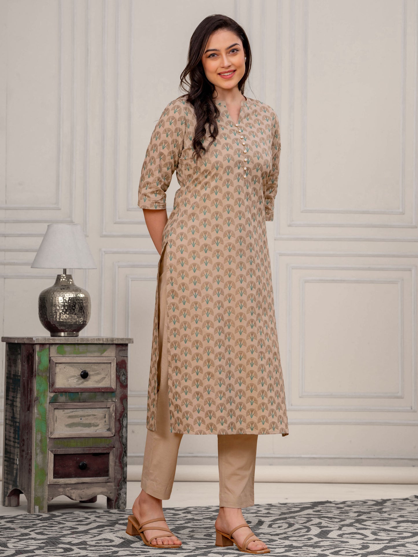 Soft Cotton Floral Straight Beige Kurta