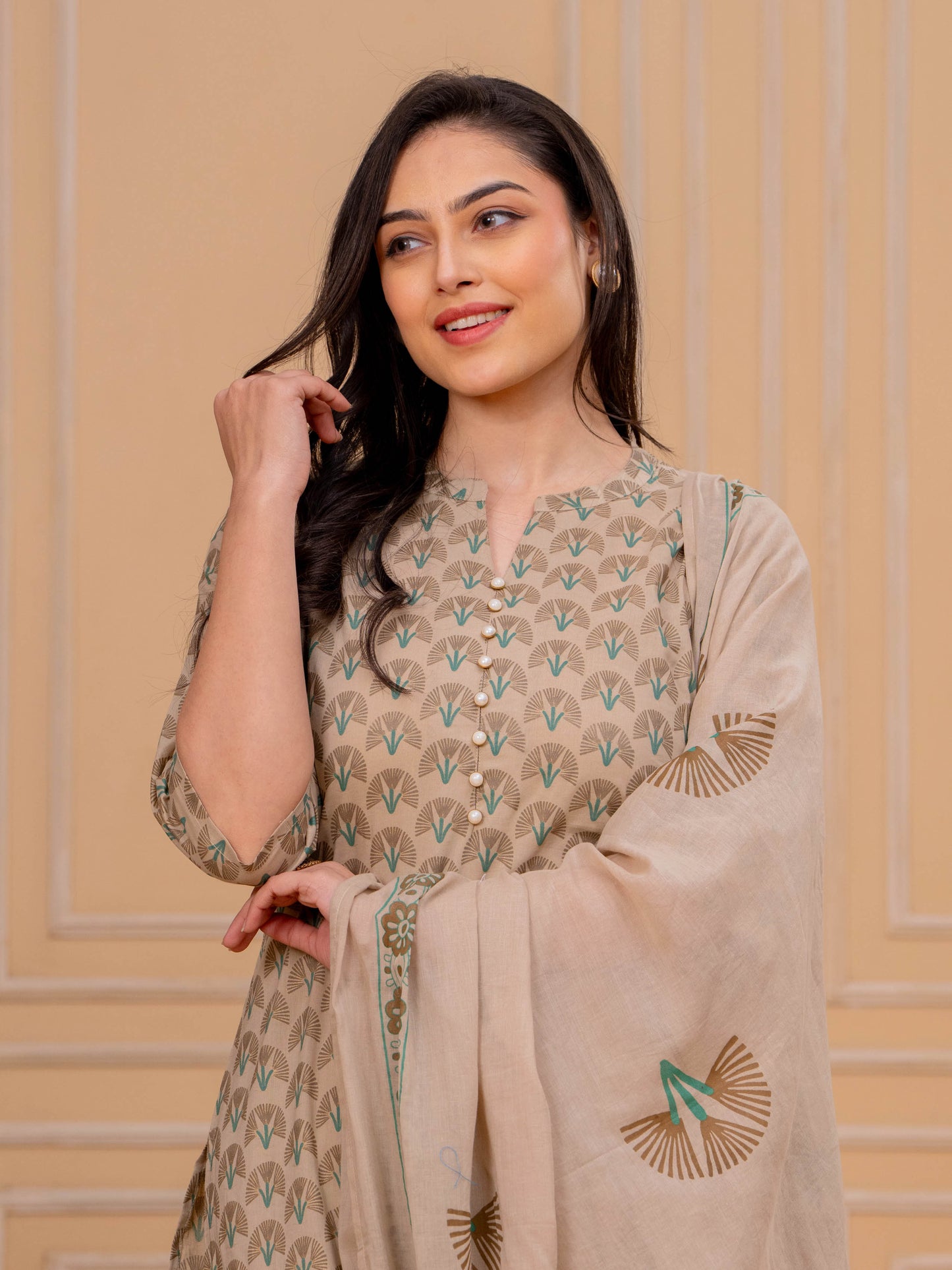 Soft Cotton Floral Straight Beige Kurta