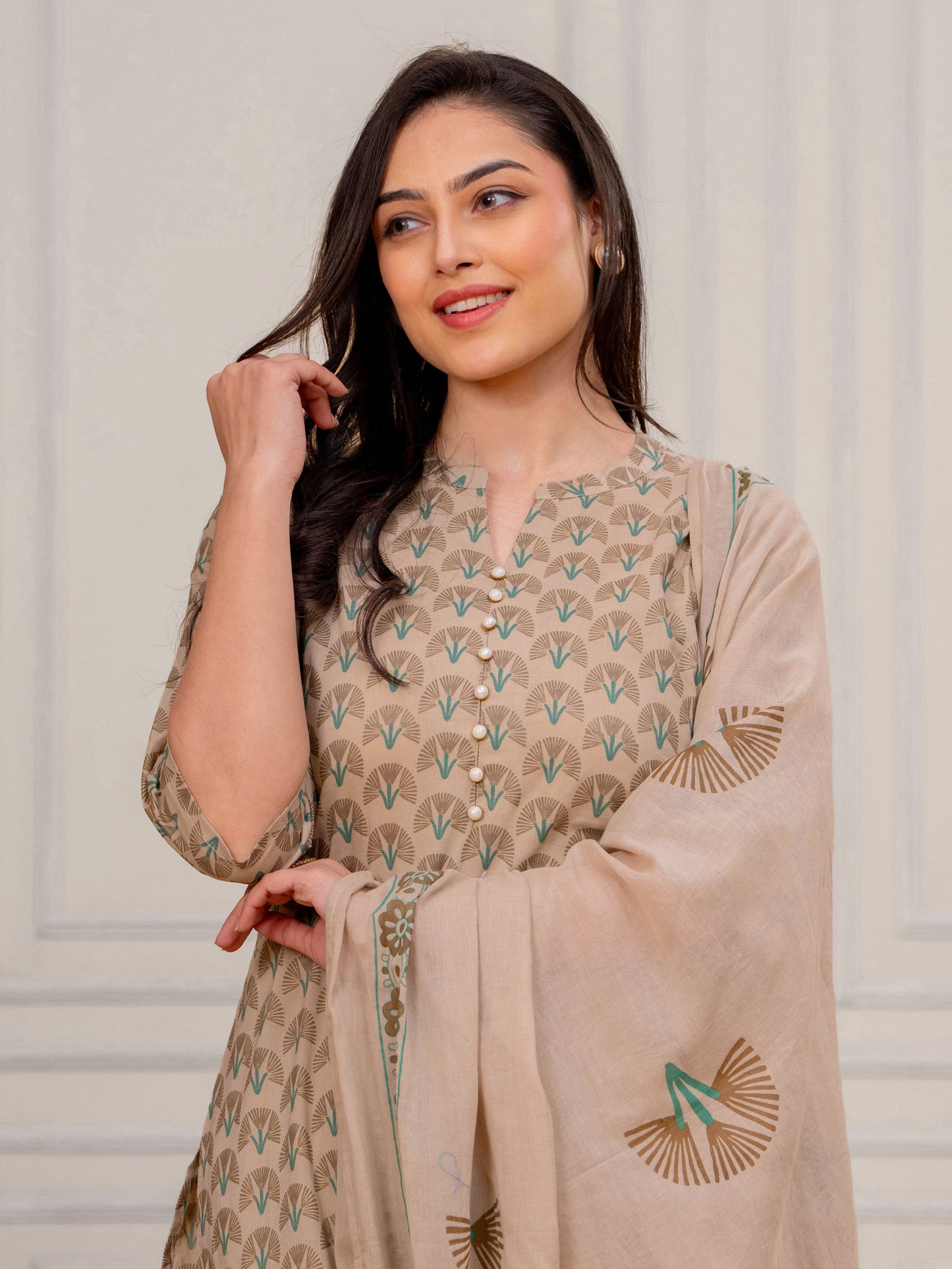 Soft Cotton Floral Straight Beige Kurta