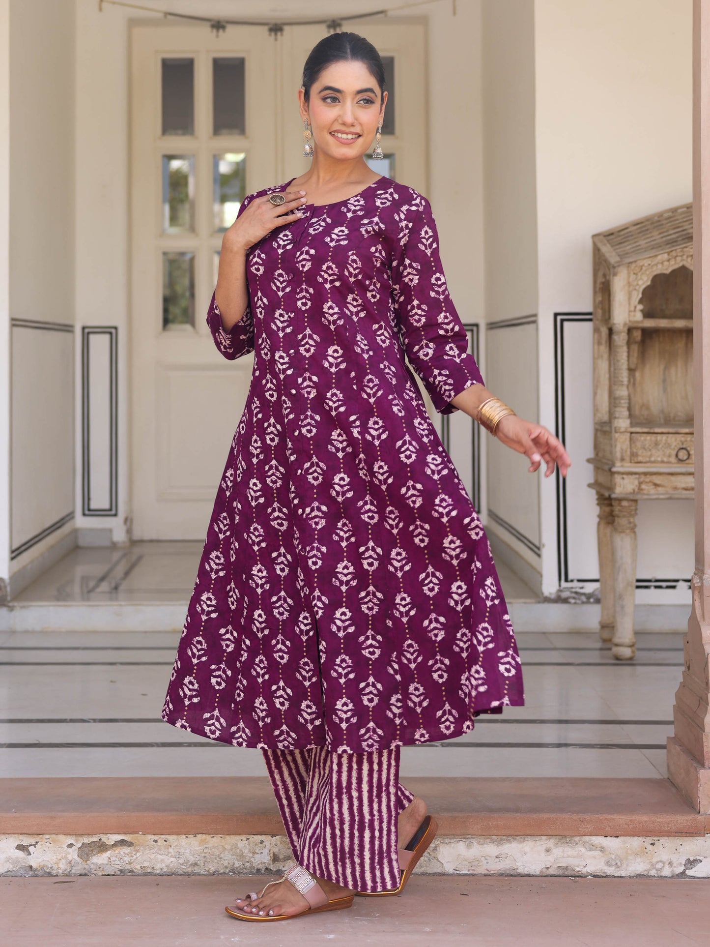 Soft Cotton Gold foil A-line Purple Kurta