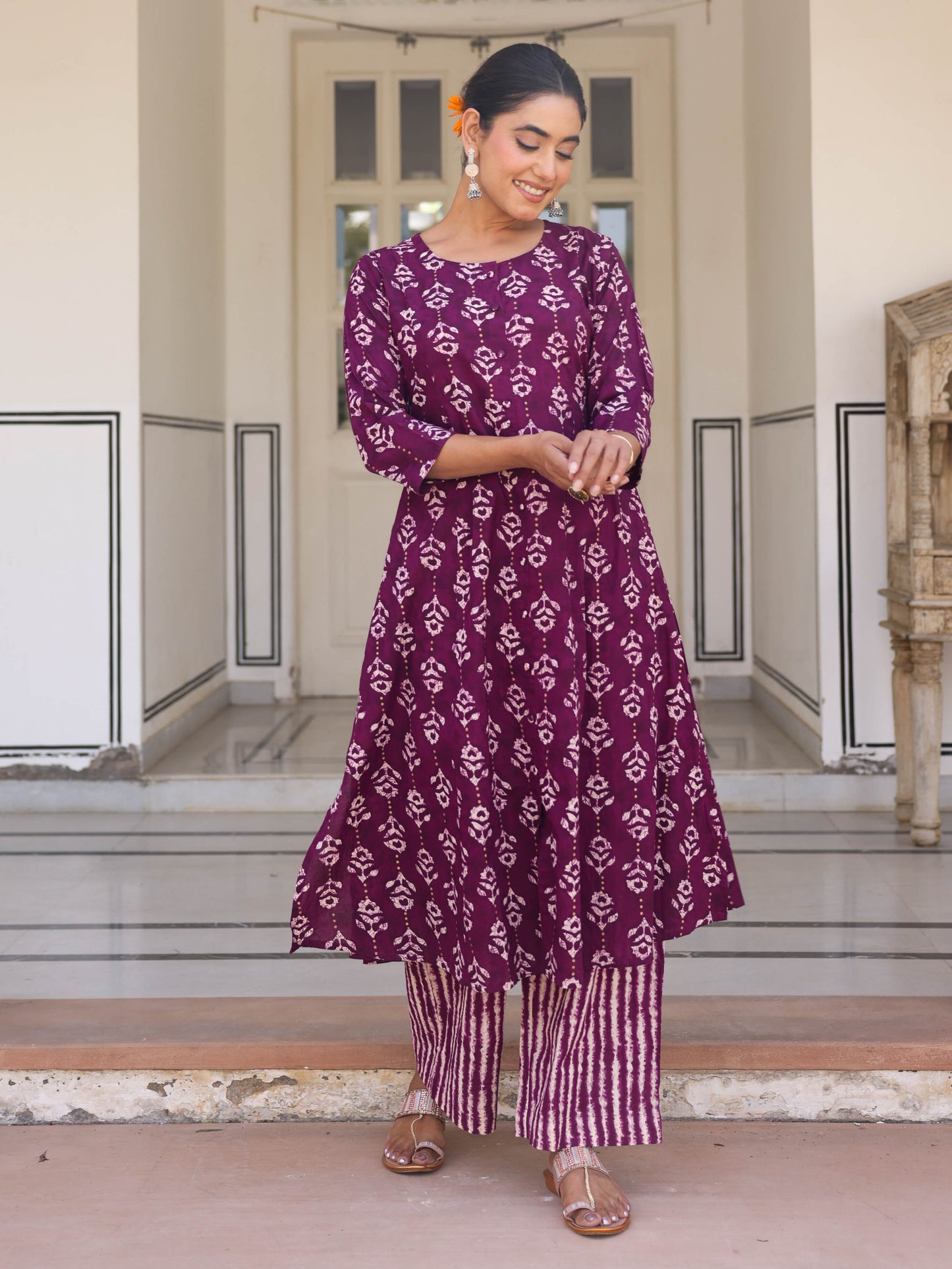 Soft Cotton Gold foil A-line Purple Kurta