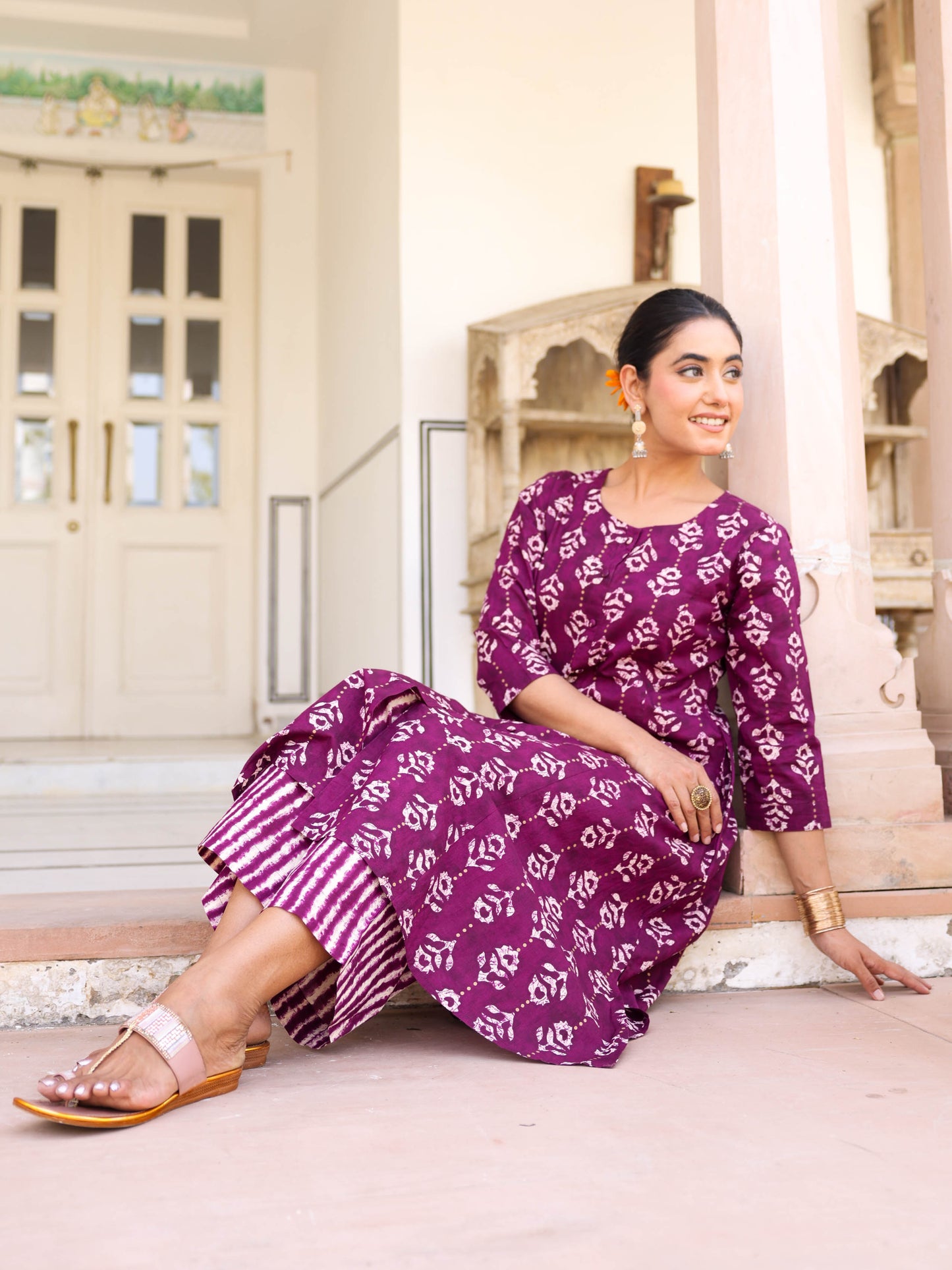 Soft Cotton Gold foil A-line Purple Kurta