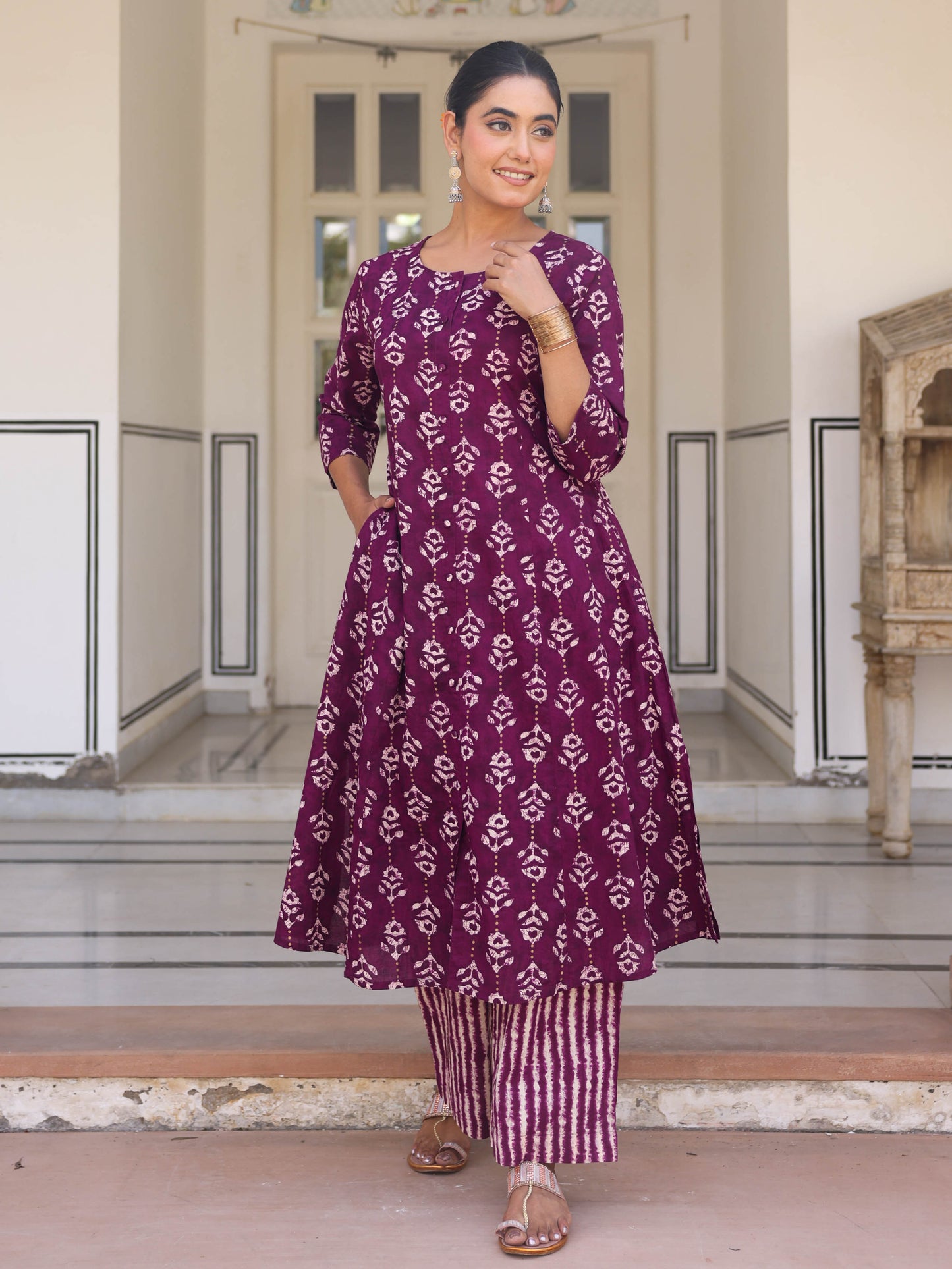 Soft Cotton Gold foil A-line Purple Kurta