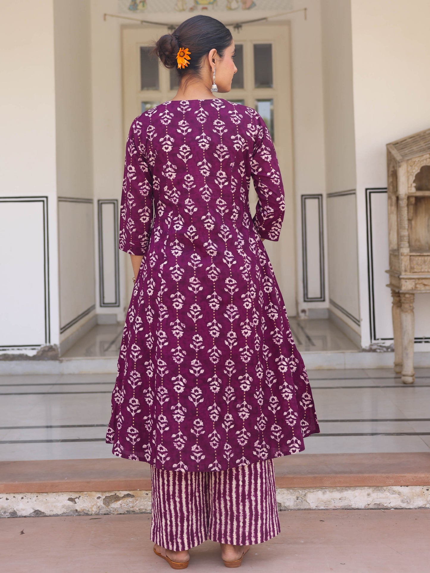 Soft Cotton Gold foil A-line Purple Kurta