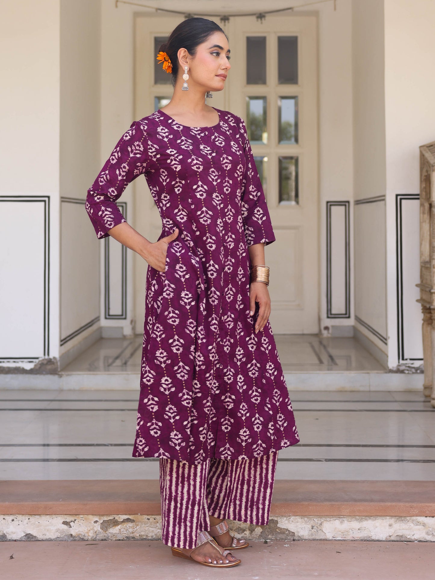 Soft Cotton Gold foil A-line Purple Kurta