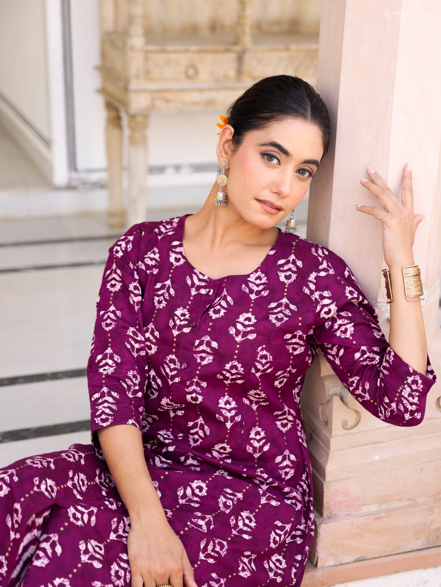 Soft Cotton Gold foil A-line Purple Kurta