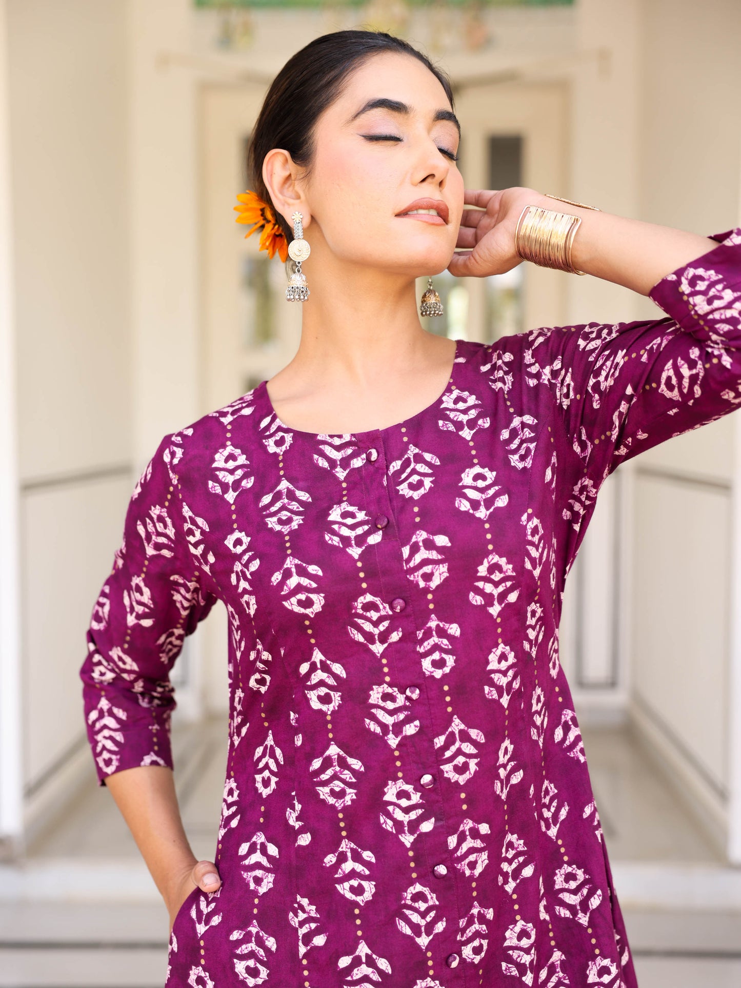 Soft Cotton Gold foil A-line Purple Kurta
