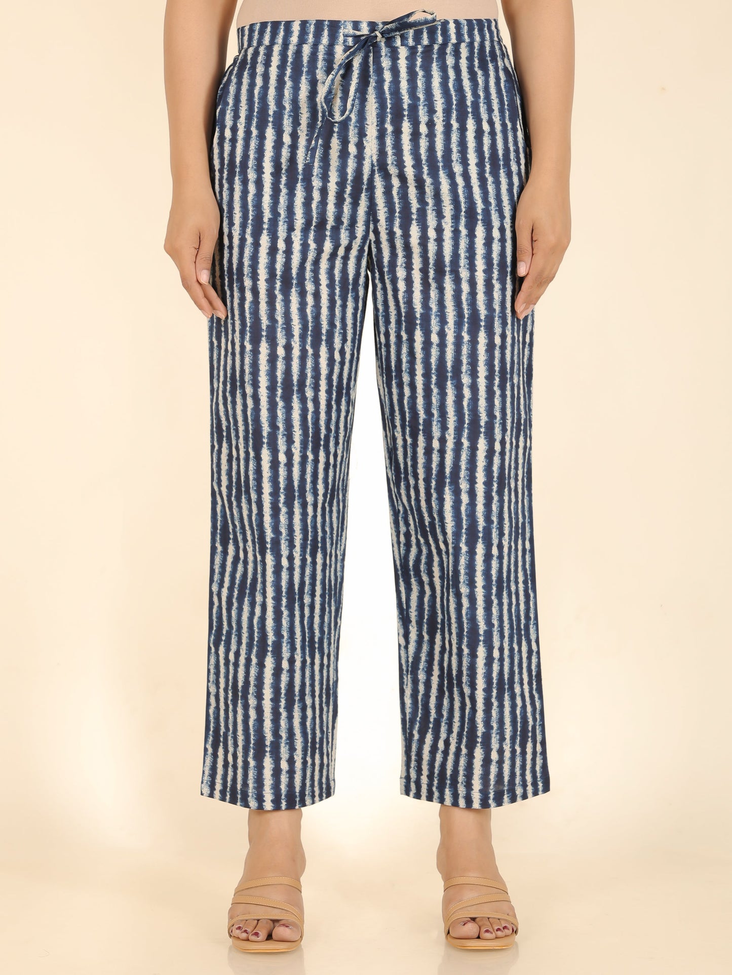 Soft Cotton Striped Blue Straight Trousers
