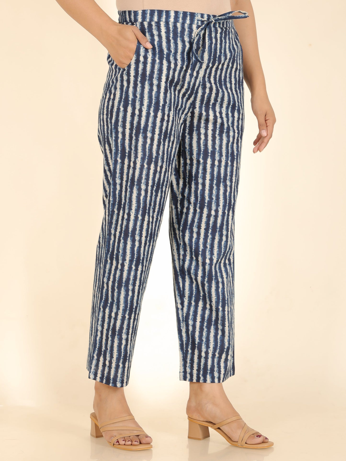 Soft Cotton Striped Blue Straight Trousers