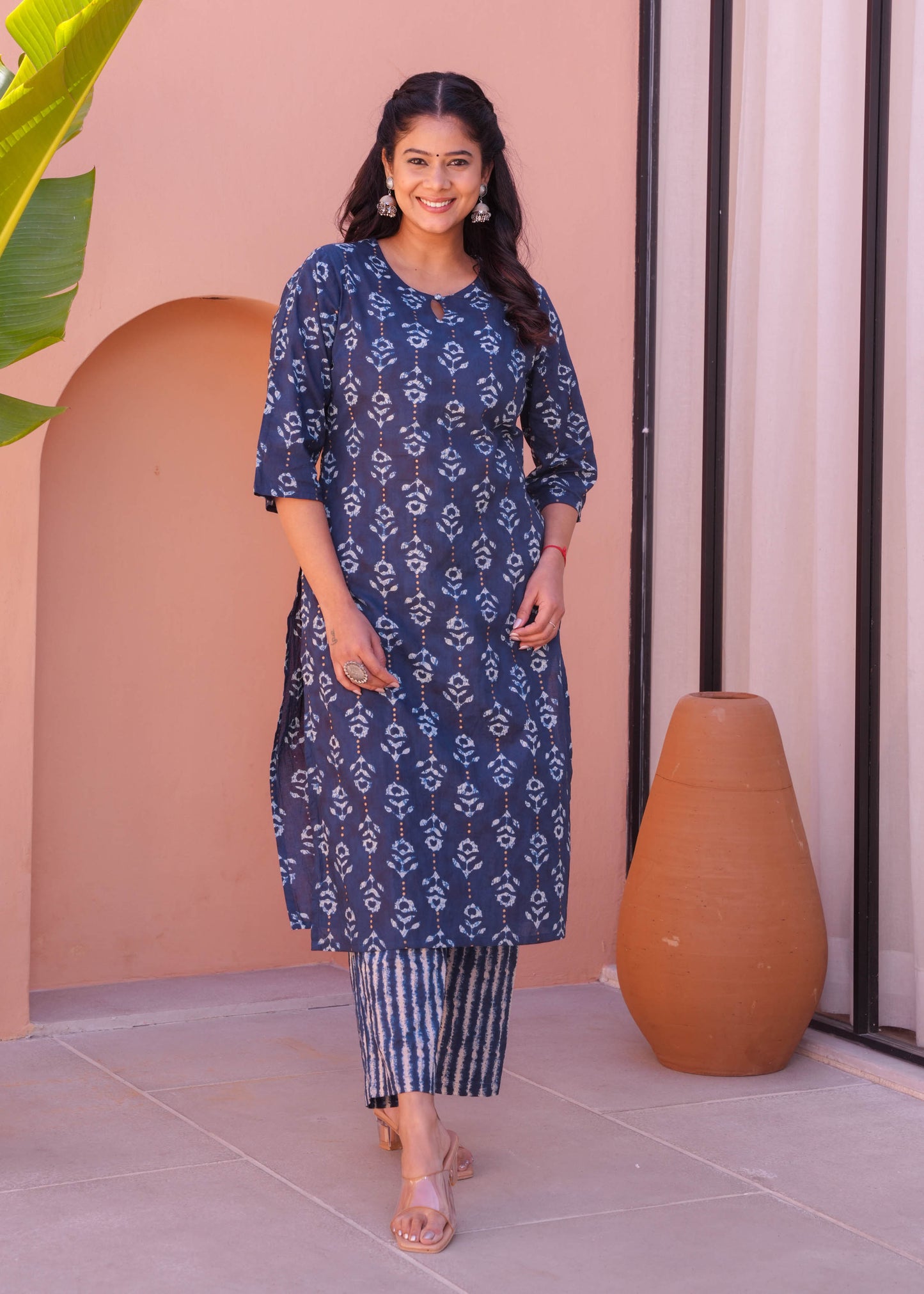 Soft Cotton Gold foil Straight Blue Kurta