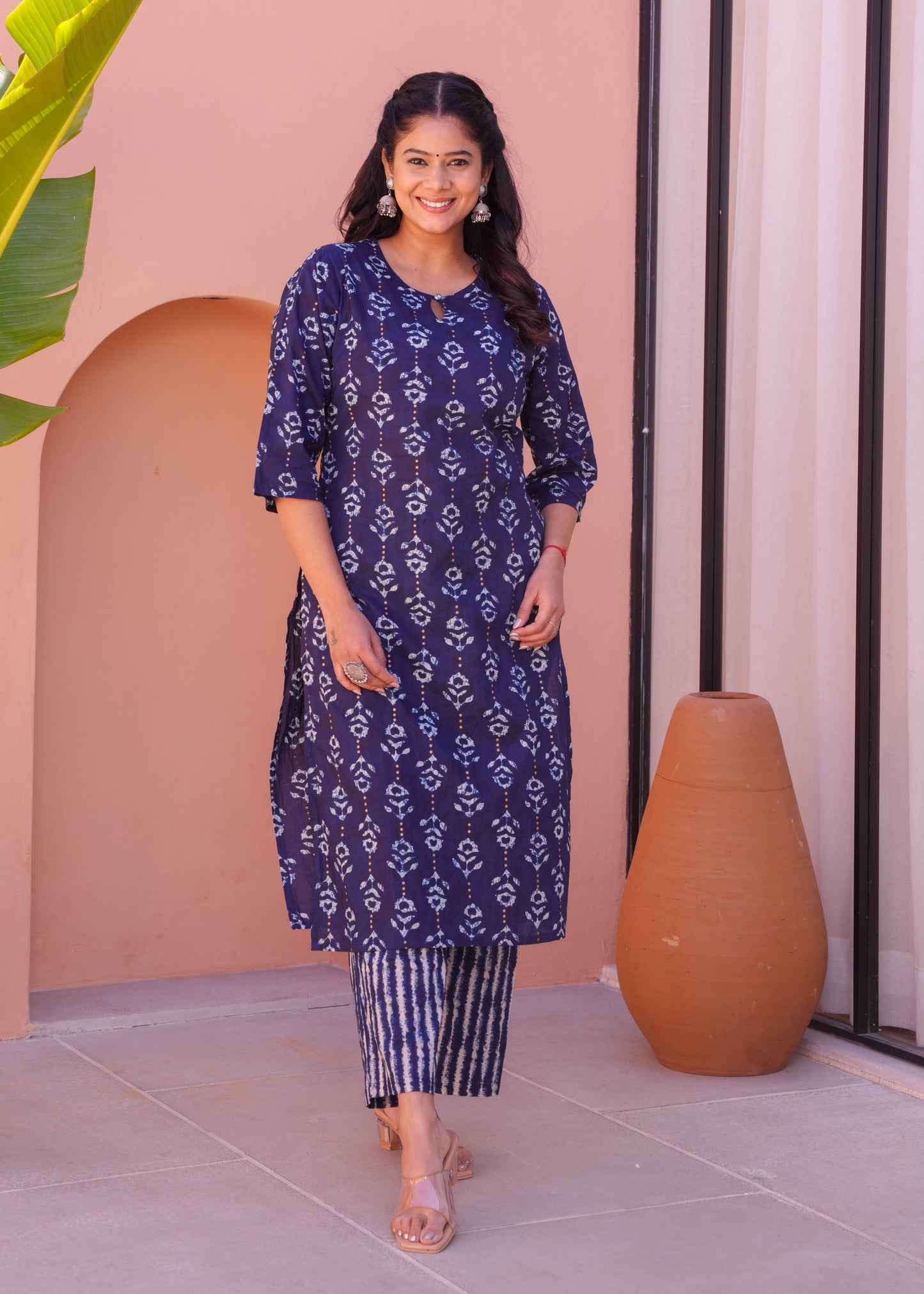 Soft Cotton Gold foil Straight Blue Kurta