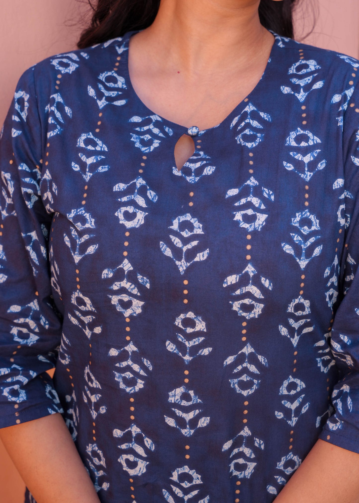 Soft Cotton Gold foil Straight Blue Kurta